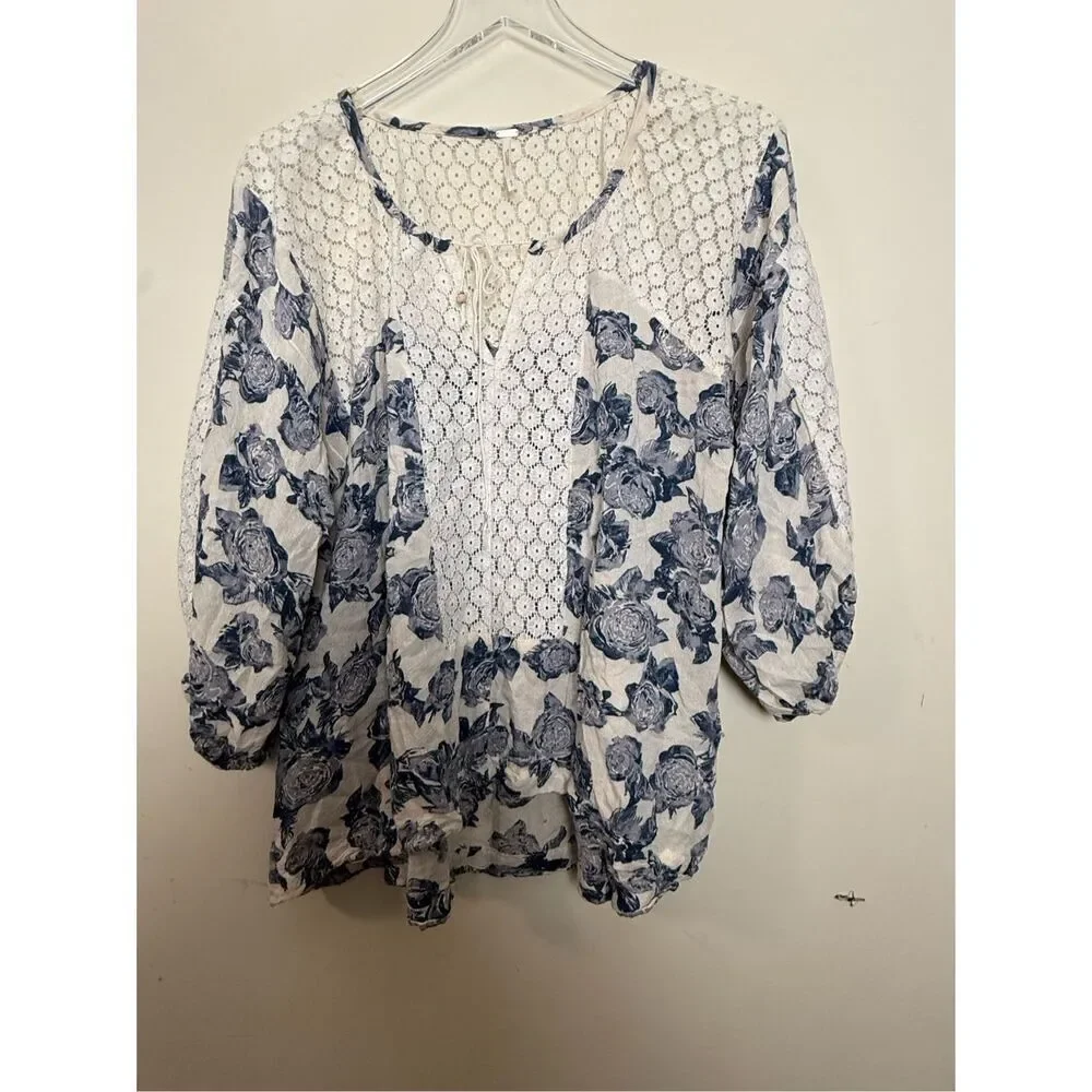 Free People Womens Blouse Blue Moon River White Floral 3/4 Sleeve Tie Lace Small